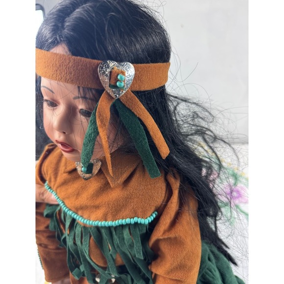 Native American Style Doll Collectible Porcelain Doll in Green Dress - Picture 5 of 9
